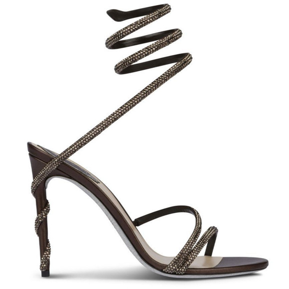 Rene Caovilla Margot Brown Crystal Snake Ankle Wrap Strap Sandal Heel Pump 38 - Picture 1 of 12